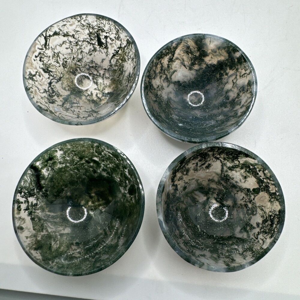 Moss Agate Crystal Hand Carved Gemstone Healing Bowl Green 2”
